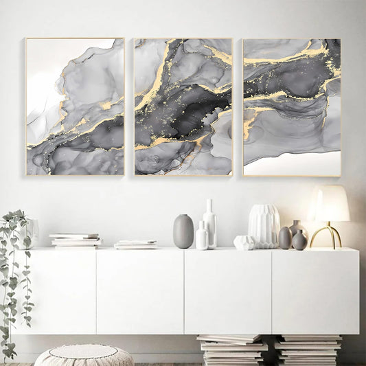 Recrtain Grey Gold Canvas Painting Abstract Wall Art Pictures Modern Marble Posters and Prints for Living Room Interior Home Decor Unframed