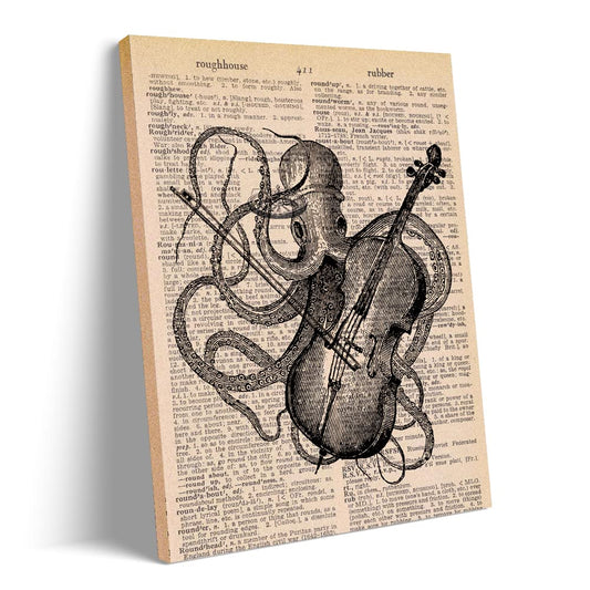 DOI-LANEE Octopus Nautical Bathroom Wall Decor, Antique Style Vintage Upcycled Wall Art Poster, Vintage Art Print, Octopus playing Cello, Canvas Octopus Poster with Frame Ready to Hang (12X15 inch)