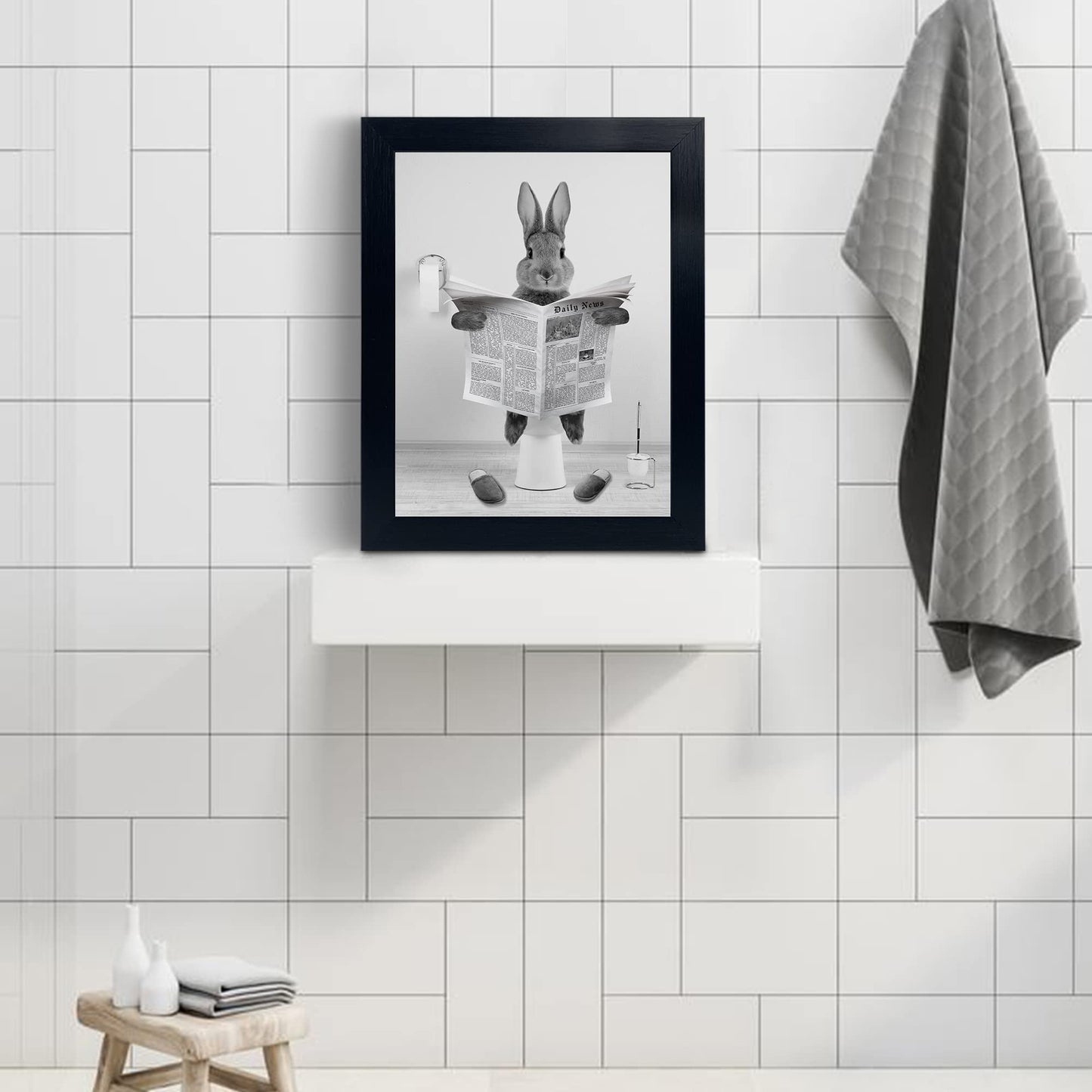 YongArt Black Framed Poster, Cute Rabbit Bathroom Wall Art, Farmhouse Style Animals Bathroom Wall Decor, Black and White Canvas Wall Art Ready to Hang for Kids Bathroom