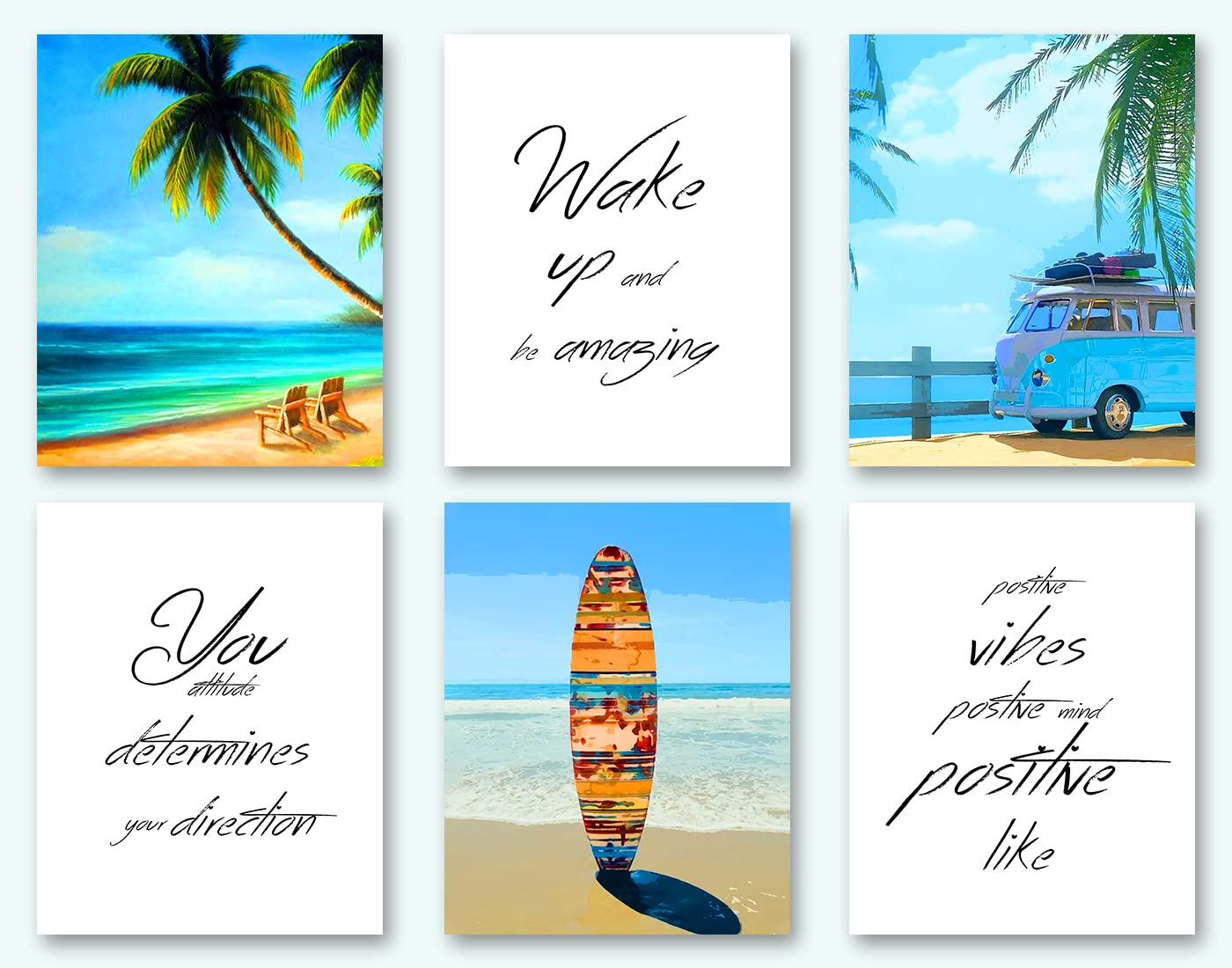 California Beach wall art poster, California Surfboard,Palm Tree Pictures Wall Art print,Bathroom decor,Set of 6 (8”X10”,No Frame)