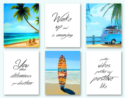 California Beach wall art poster, California Surfboard,Palm Tree Pictures Wall Art print,Bathroom decor,Set of 6 (8”X10”,No Frame)