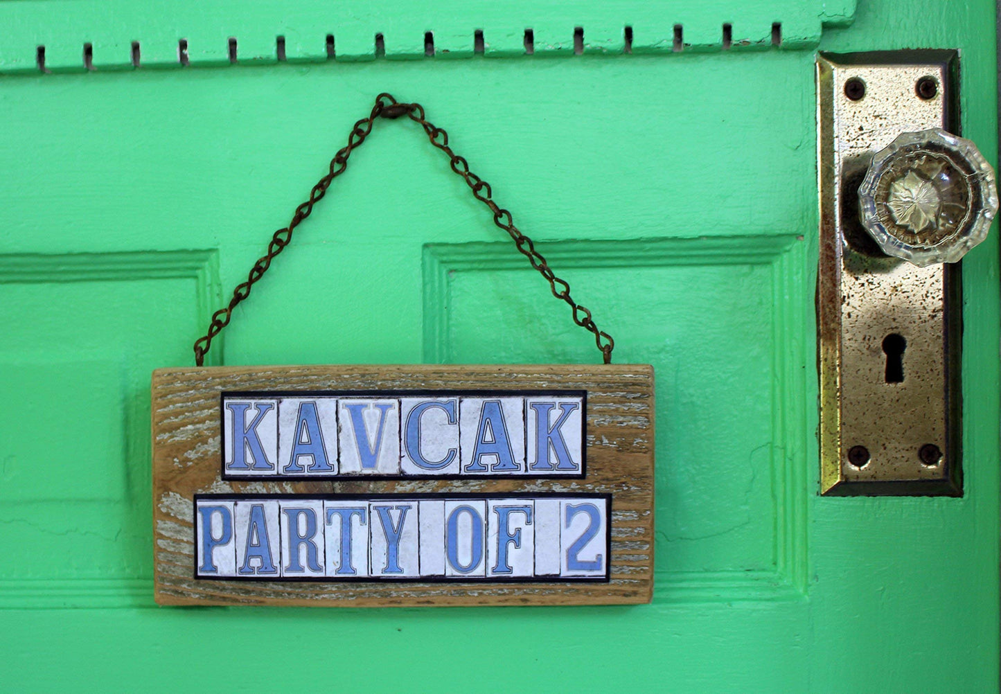 Custom salvage wood Engagement/Wedding sign with a New Orleans street tile them.