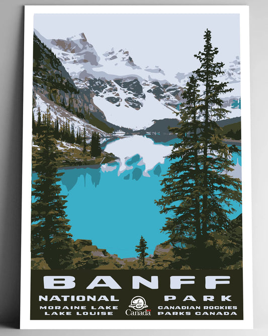 GO SEE DESIGN Banff National Park Travel Poster/Postcard - 8x10-12x18-18x24-24x36 / 4x6 WPA Style Art Print Moraine Lake Parks Canada Parcs Canada Alberta (4x6 Inch Postcard)