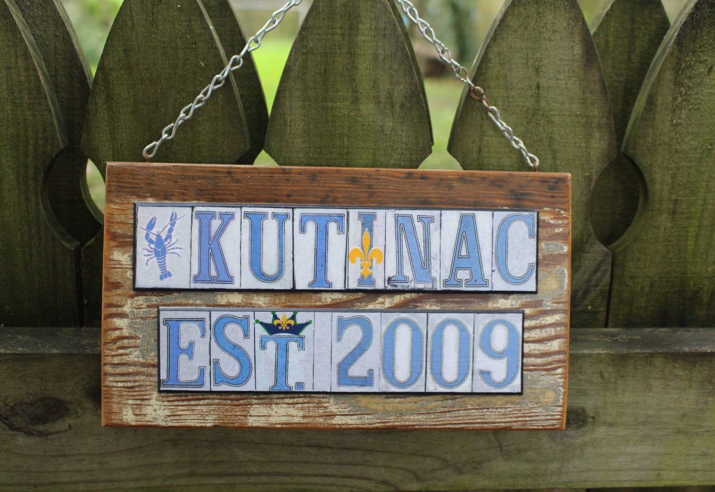 Custom salvage wood Engagement/Wedding sign with a New Orleans street tile them.