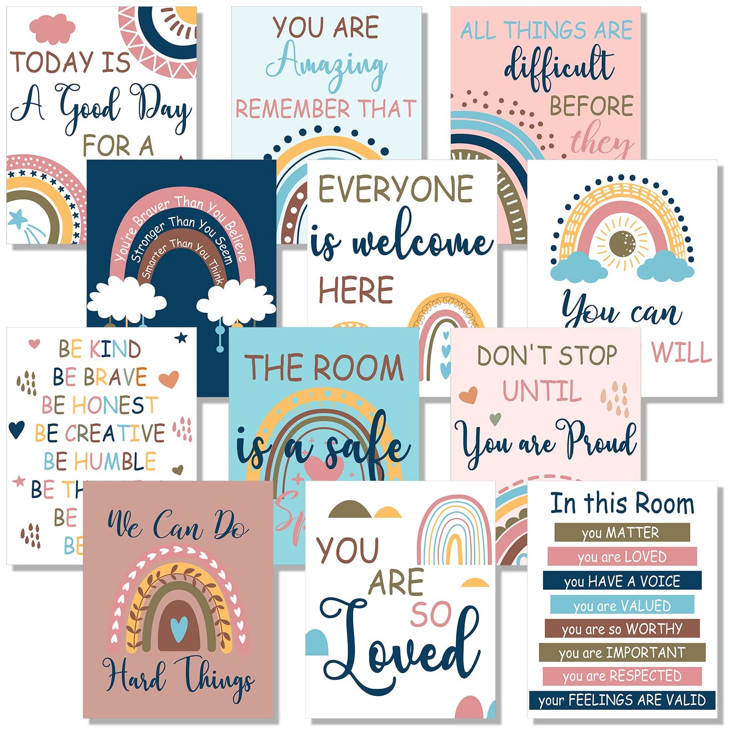 Nezyo 12 Pcs Rainbow Inspirational Wall Art Prints Boho Nursery Poster Decor Pastel Unframed Nursery Decor Rainbow Classroom Decor Nursery Wall Art for Girls Bedroom, 11 x 14 Inch (Fresh Style)