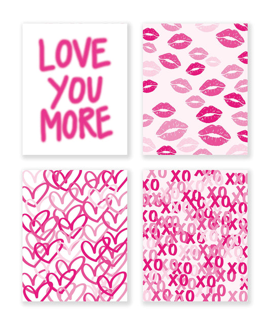 LiTiu Hot Pink Lips Hearts XOXO Love You More Preppy Wall Art Poster Prints Decor, 8”x10”Set Of 4, Preppy Love Artwork Girl Gifts for Women, Decorations For Home Bedroom