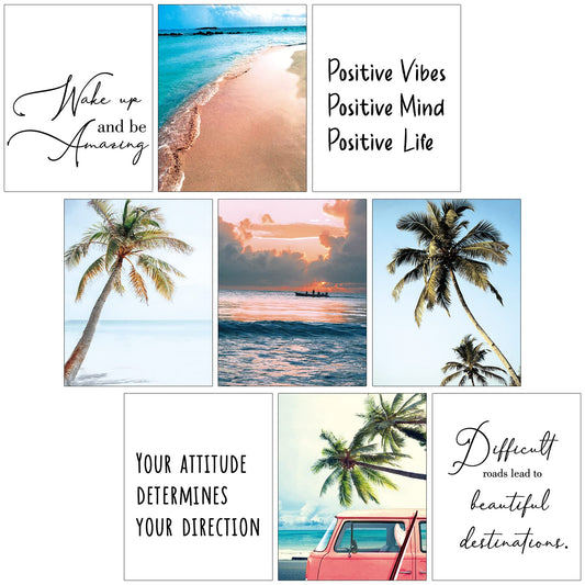 Chinco 9 Pieces Inspirational Beach Wall Art Office Motivational Quotes Wall Art Palm Tree Posters Set Summer Ocean Coastal Photos Prints for Men Women Bedroom Living Room Decoration