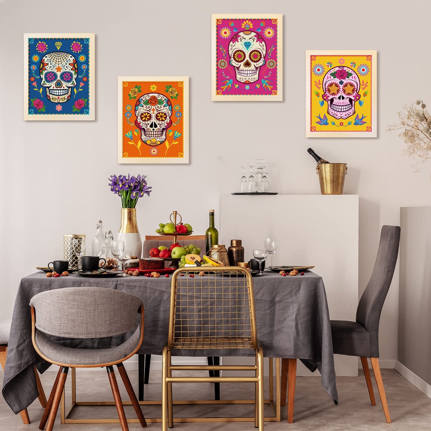 Clabby 12 Pieces Sugar Skull Decor Art Prints Day of the Dead Poster Dia De Muertos Skulls Wall Mexican Theme for Halloween Fiesta Office Party Home Decor, White