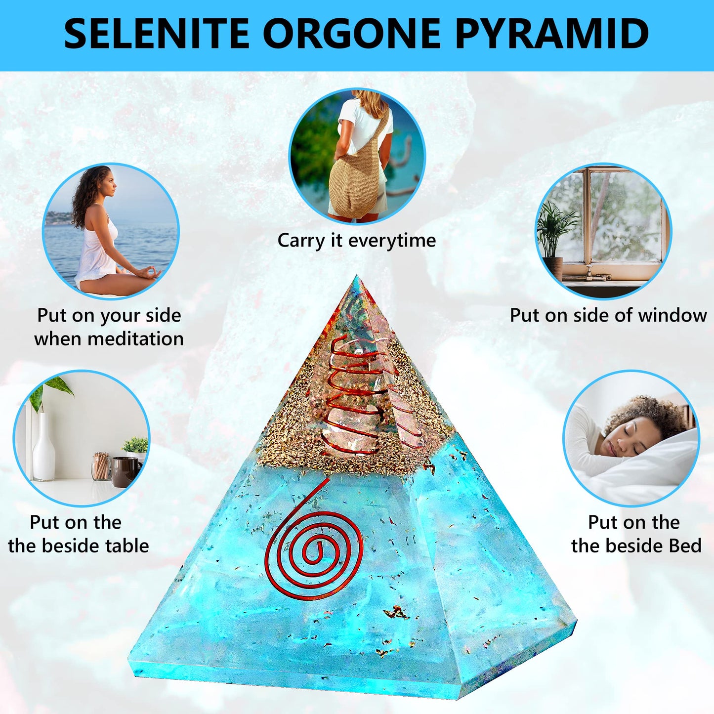 Anaya Agate Selenite Glow Orgonite Pyramid – Handmade Selenite Orgone Pyramid for High Frequency Vibration, Powers of Manifestation – White Crystal Pyramid Promotes Peace and Calmness