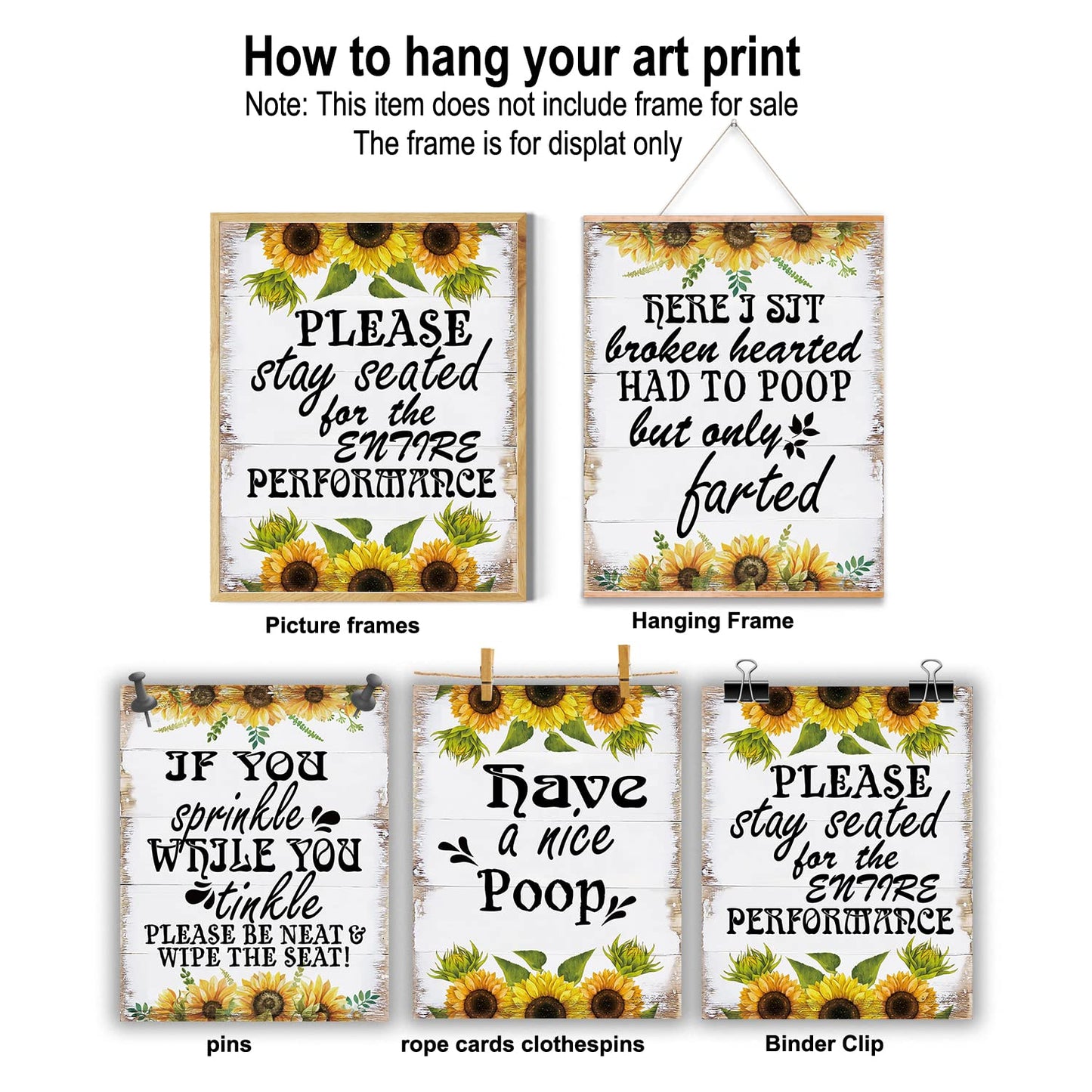 MTL HOE Bathroom Quotes and Sayings Art Prints,Funny Bathroom Rules Wall Decor Poster, Funny Signs for Bathroom, Sunflower Funny Bathroom Wall Art Decor, Set of 4, 8 X 10 in UNFRAMED