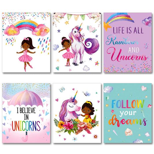 6 Pieces Motivational Black Girl Unicorn Unframed Art Prints African Girl Unicorn Positive Quotes Poster Girls Room Decor for Bedroom Decor Kids Wall Art (Vivid Colors)