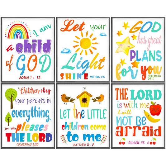 Set of 6 Rainbow Colorful Art Print Kids Inspirational Quote Canvas Posters 8 x 10 Inch Unframed Wall Art Scripture Rainbow Decor Bible Verses Wall Decor Positive Prints for Classroom Bedroom Girl Boy