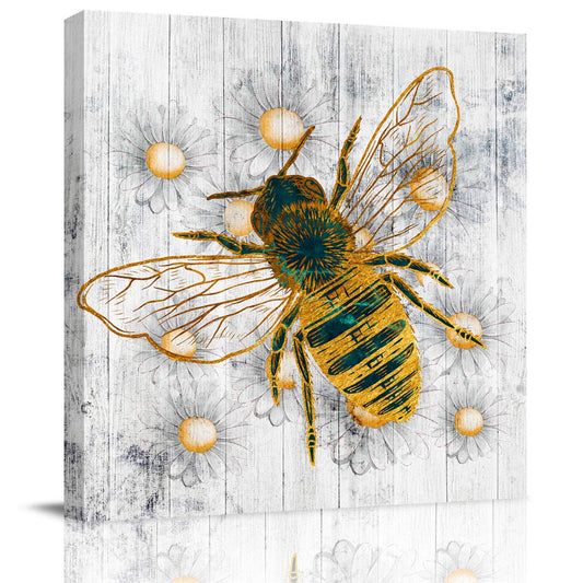 Spring Honey Bee Canvas Print Wall Art, Farm White Daisy Oil Painting Artwork Photo Poster, Blossoms Floral Animals Artworks for Living Room/Kitchen/Bedroom/Bathroom Wooden Framed Ready to Hang 8x8in