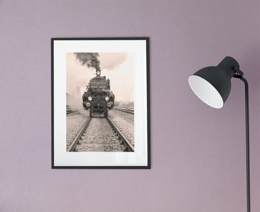 Train with Gray Smoke Steam Vintage Wall Art Living Room Home and Bedroom Decor Black and White Retro Pictures Playroom Locomotive Car Engine Antique Western Cool Wall Decor Art Print Poster 12x18