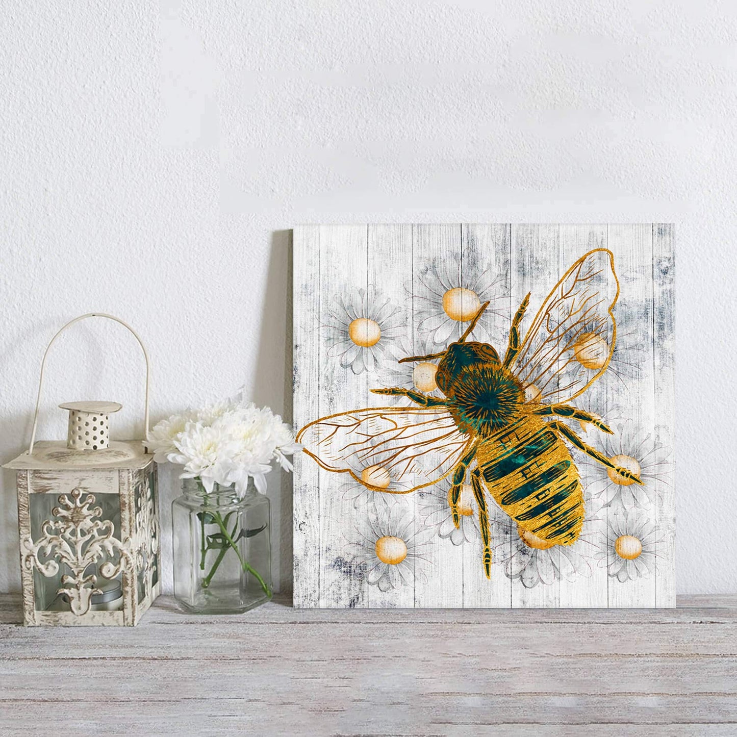 Spring Honey Bee Canvas Print Wall Art, Farm White Daisy Oil Painting Artwork Photo Poster, Blossoms Floral Animals Artworks for Living Room/Kitchen/Bedroom/Bathroom Wooden Framed Ready to Hang 8x8in