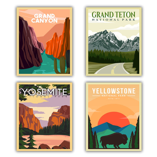 4 Pieces Retro National Park Posters & Prints, Wall Art and Décor, Grand Canyon Poster, Grand Teton Poster, Yellow Stone Poster, Yosemite Poster- 8 x 10 Inches