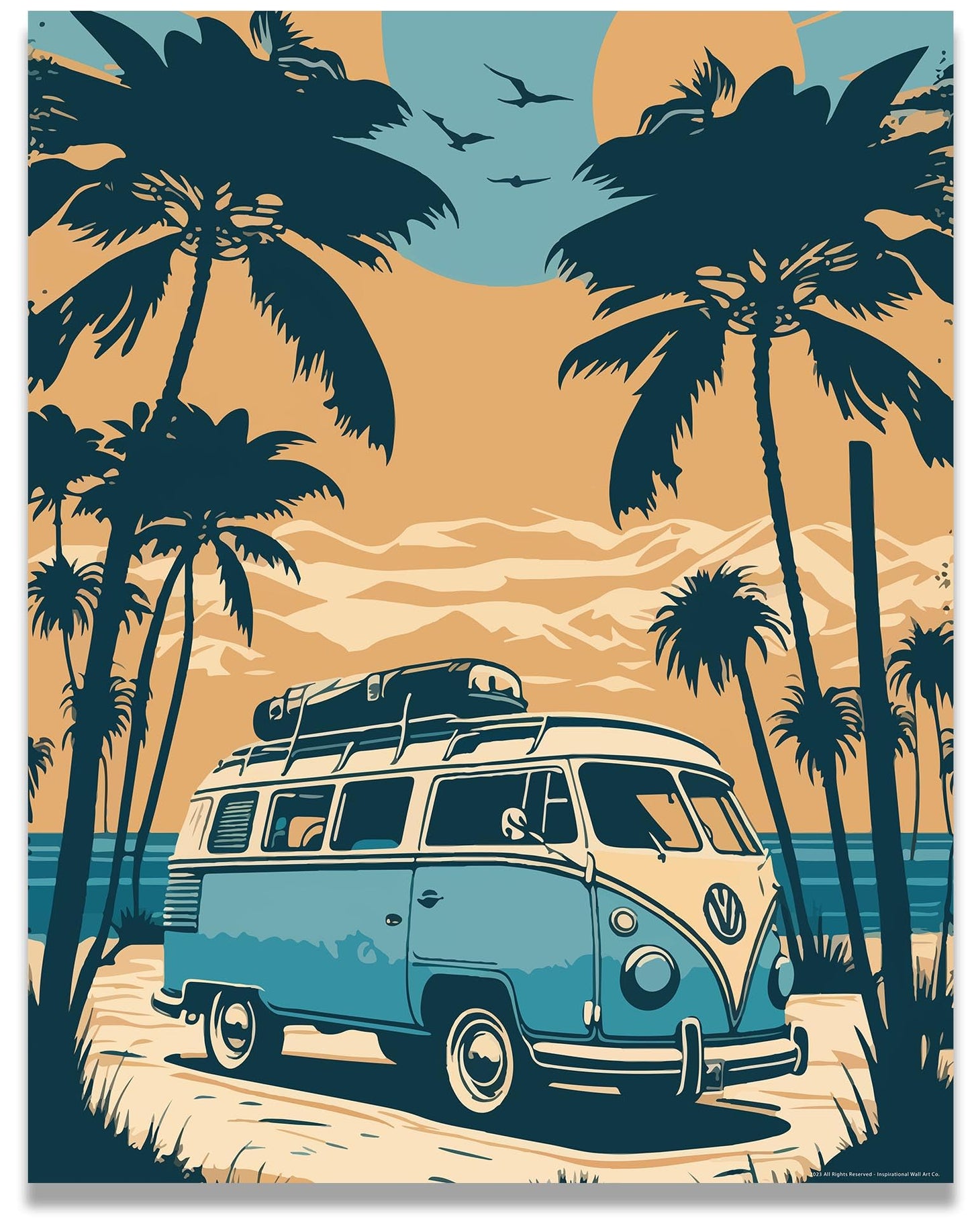 Inspirational Wall Art Co. - Palm Trees | Retro Volkswagen Van Poster - Vintage Beach Poster - Beach Surf Poster - Vintage Beach Prints - Pictures For Beach House | 11x14 Inches Unframed