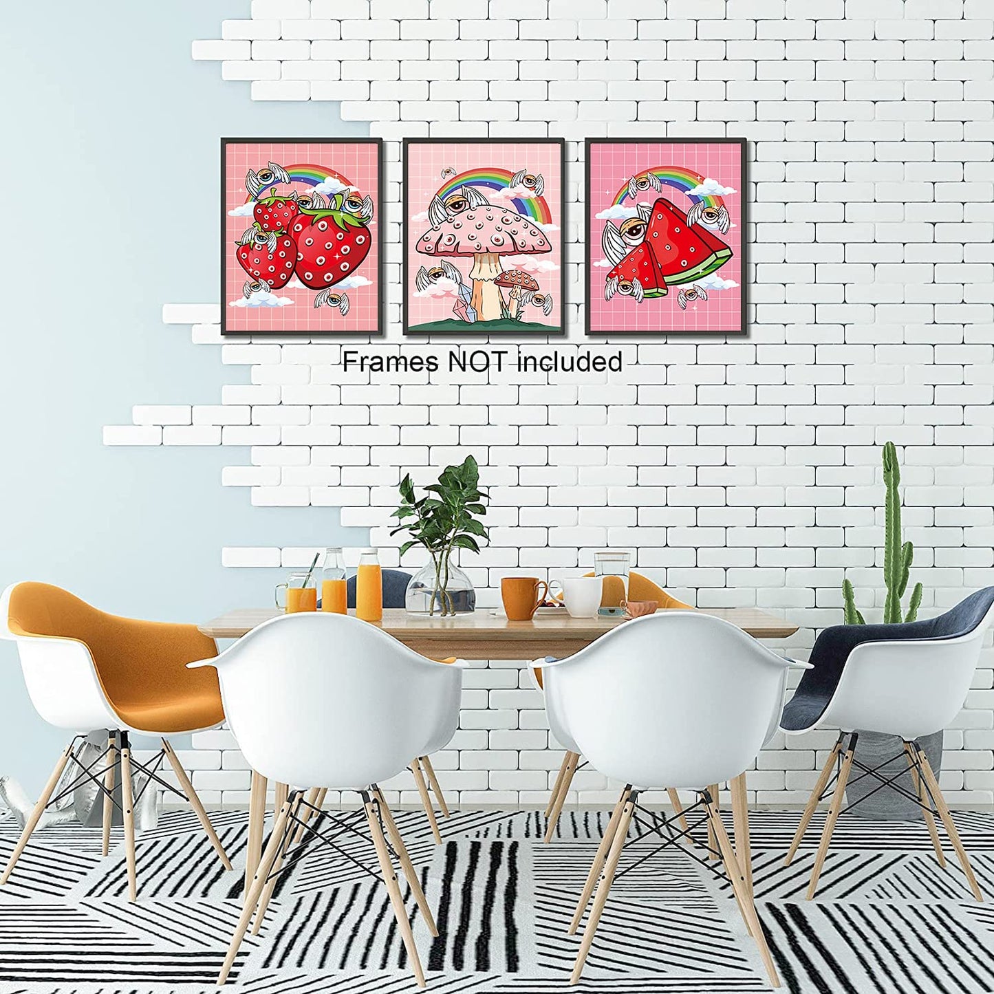 Retro Poster,Cute Watermelon Cherry Strawberry Mushroom Wall Art Canvas Painting Home Decor,Funny Kitchen Fruit Wall Art Prints,Set of 4 Retro Rainbow Wall Art Print Poster,8"x10",Unframed