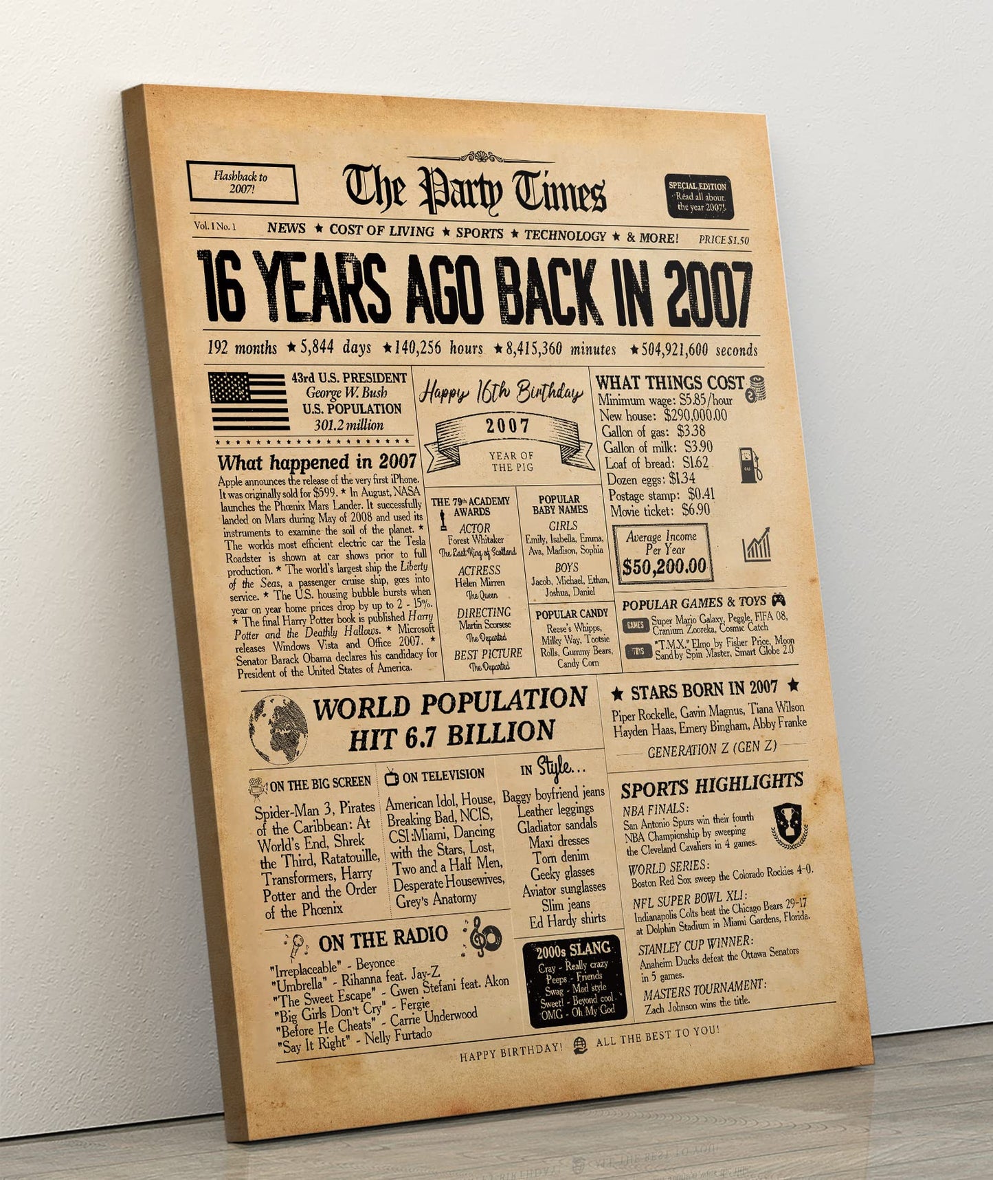 16th Birthday Newspaper Wall Art Canvas Poster Decorative with Frame (11.5×15 inch), Back in 2007 Print 2007 birthday poster Vintage 16th Birthday Decorations Poster for Teens Home Wall Decor, SRZT16S