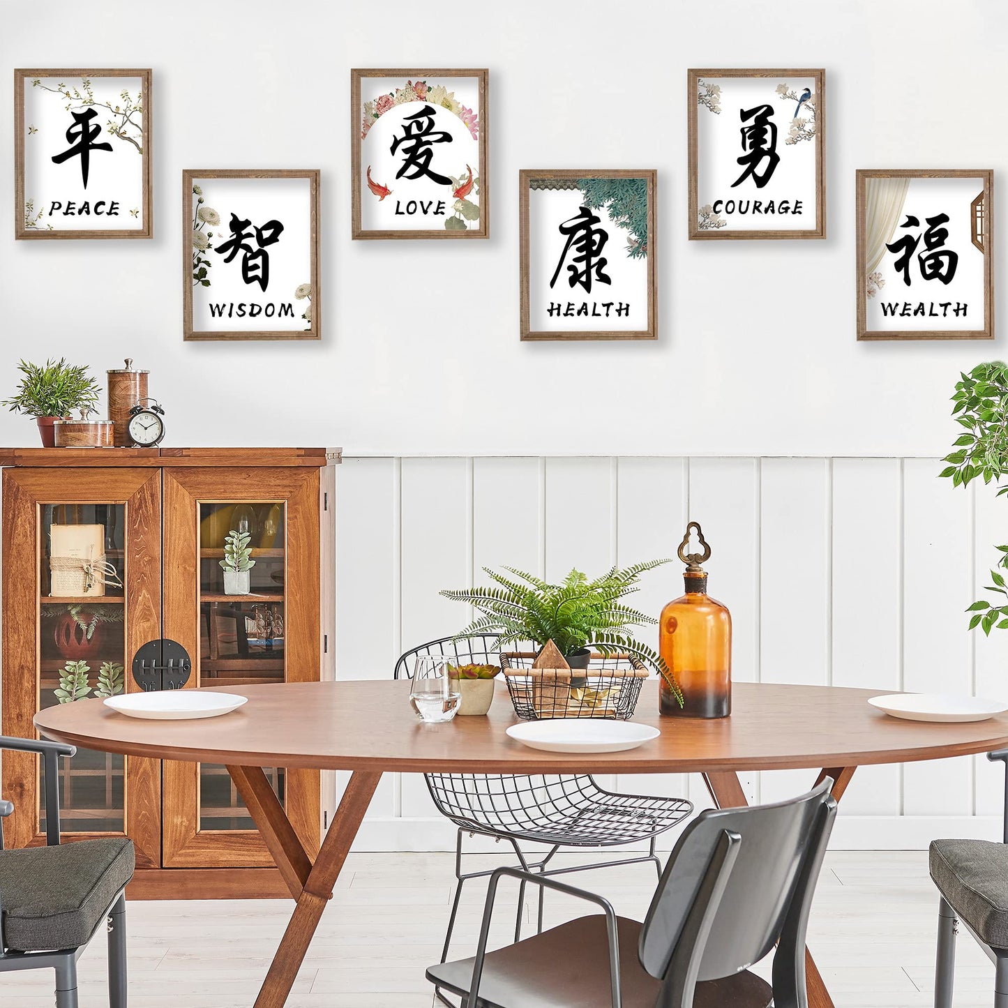 ETIUC 8x10in Chinese Calligraphy Wall Art Decor Prints Set of 6 Unframed Inspirational Poster Prints - Wisdom, Courage, Peace, Wealth, Love, Health Chinese Character for Livingroom Bedroom Office