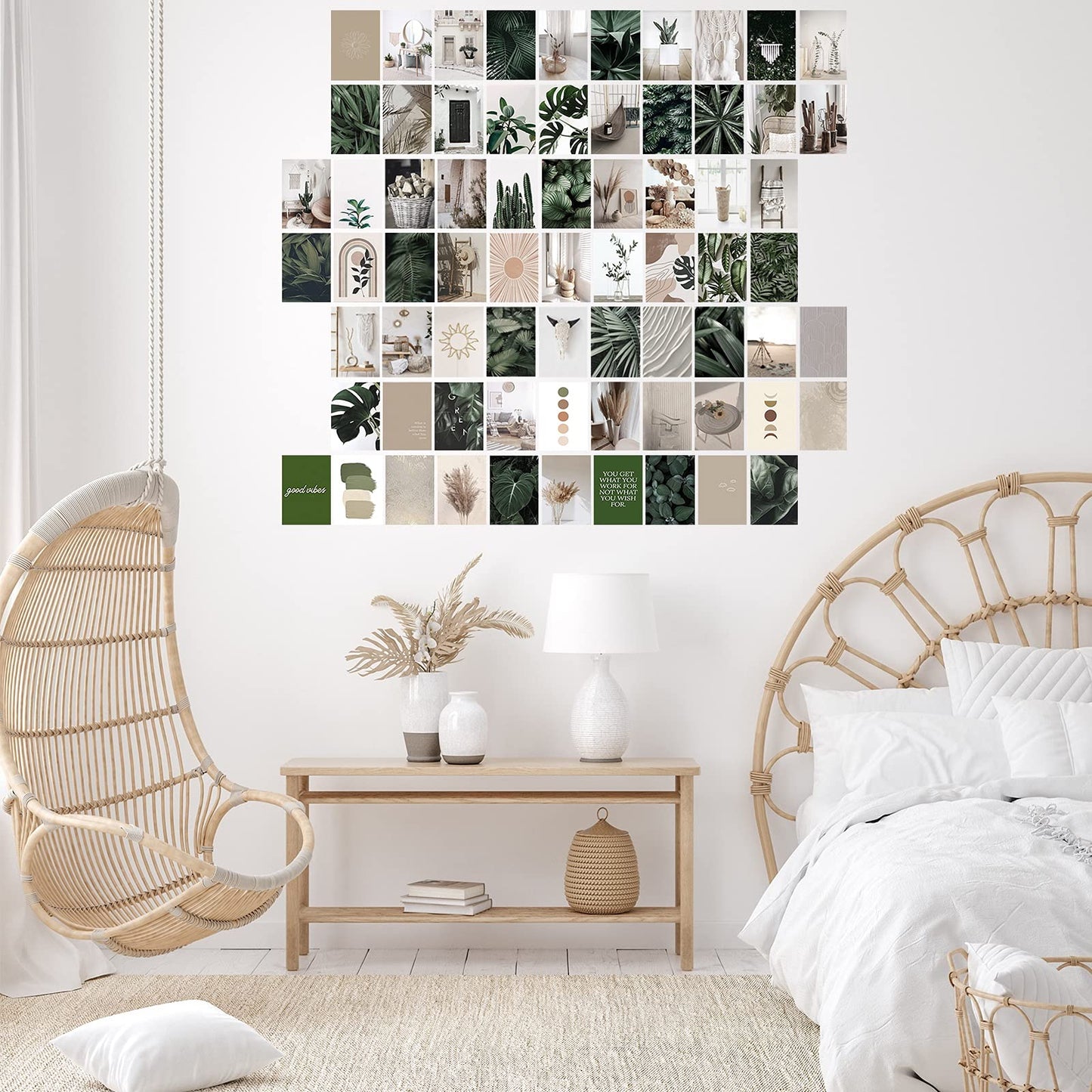SUPOW Wall Collage Kit 70pcs, Aesthetic Pictures for Room Decor, Boho Cottagecore Art Illustration, Neutral Dorm Decor Photo Prints, Cute Green VSCO Posters, Trendy Bedroom Teen Girls 4x6 inch