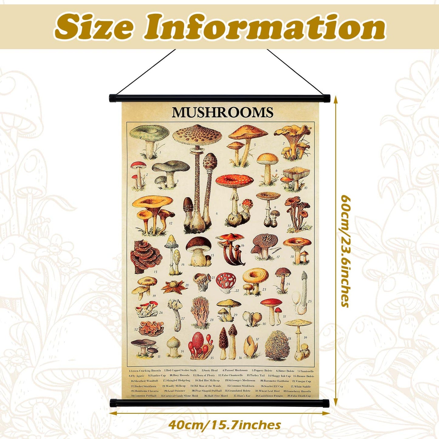 Geyee Vintage Mushroom Poster Fungus Wall Art Prints Rustic Mushroom Wall Hanging Illustrative Reference Chart Poster for Living Room Office Classroom Bedroom Decor Frame, 15.8x23.6 Inch (Kraft Color)