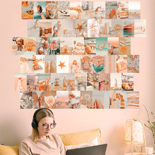 TRAMIN 100 PCS Peach Beach Posters for Room Aesthetic, Wall Collage Kit Aesthetic Pictures, Boho Style Collage Print Kit, Teal Color Room Decor for Girls, Wall Art Print for Room, Dorm Photo Display