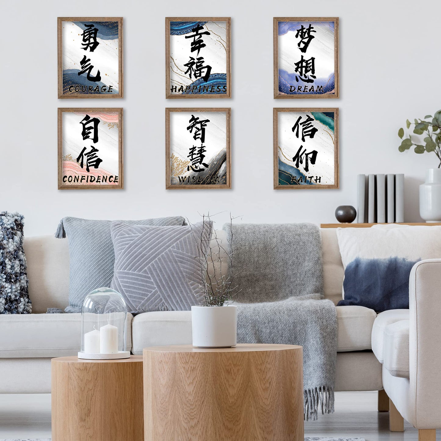 ETIUC 8x10in Chinese Calligraphy Wall Decor Prints Set of 6 Unframed Inspirational Quotes Wall Art Ccourage, Wisdom, Happiness, Faith, Confidence, Dream Poster Prints for Livingroom Bedroom Office