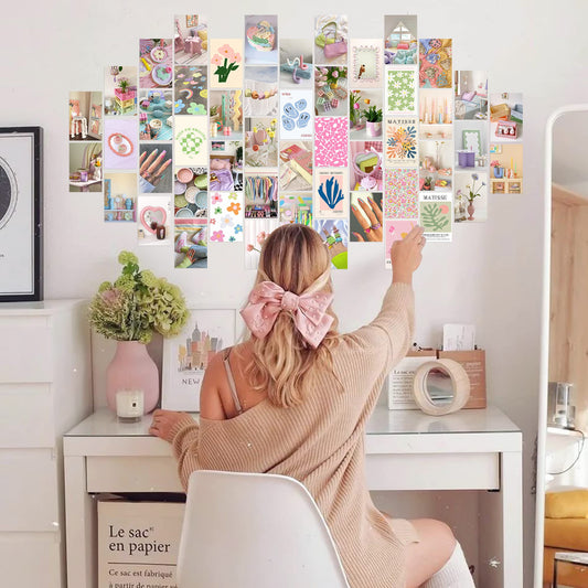 PANTIDE 50Pcs Danish Pastel Aesthetic Wall Collage, Pink Poster Photo Dorm Retro Colorful Trendy Cottagecore Wall Art Print Warm Color Pictures Collage Preppy Bedroom Decor for Teen Girls, 4x6 Inch