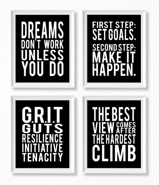 Brooke & Vine Motivational Quotes Wall Decor Posters Inspirational Wall Art Prints (UNFRAMED 8 x 10) Classroom Decorations - Office, Bedroom, Dorm, Cubicle, Gym (Goals, Grit - Black Background)