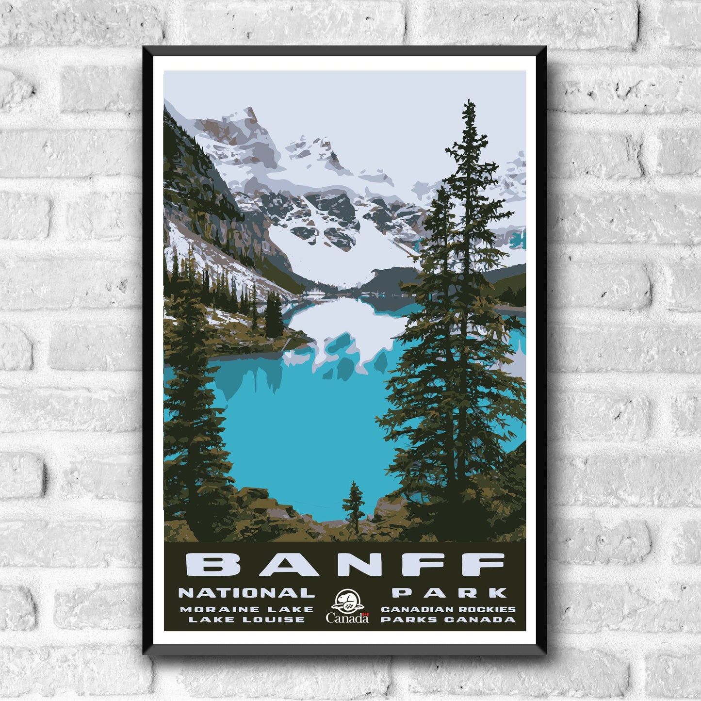 GO SEE DESIGN Banff National Park Travel Poster/Postcard - 8x10-12x18-18x24-24x36 / 4x6 WPA Style Art Print Moraine Lake Parks Canada Parcs Canada Alberta (4x6 Inch Postcard)