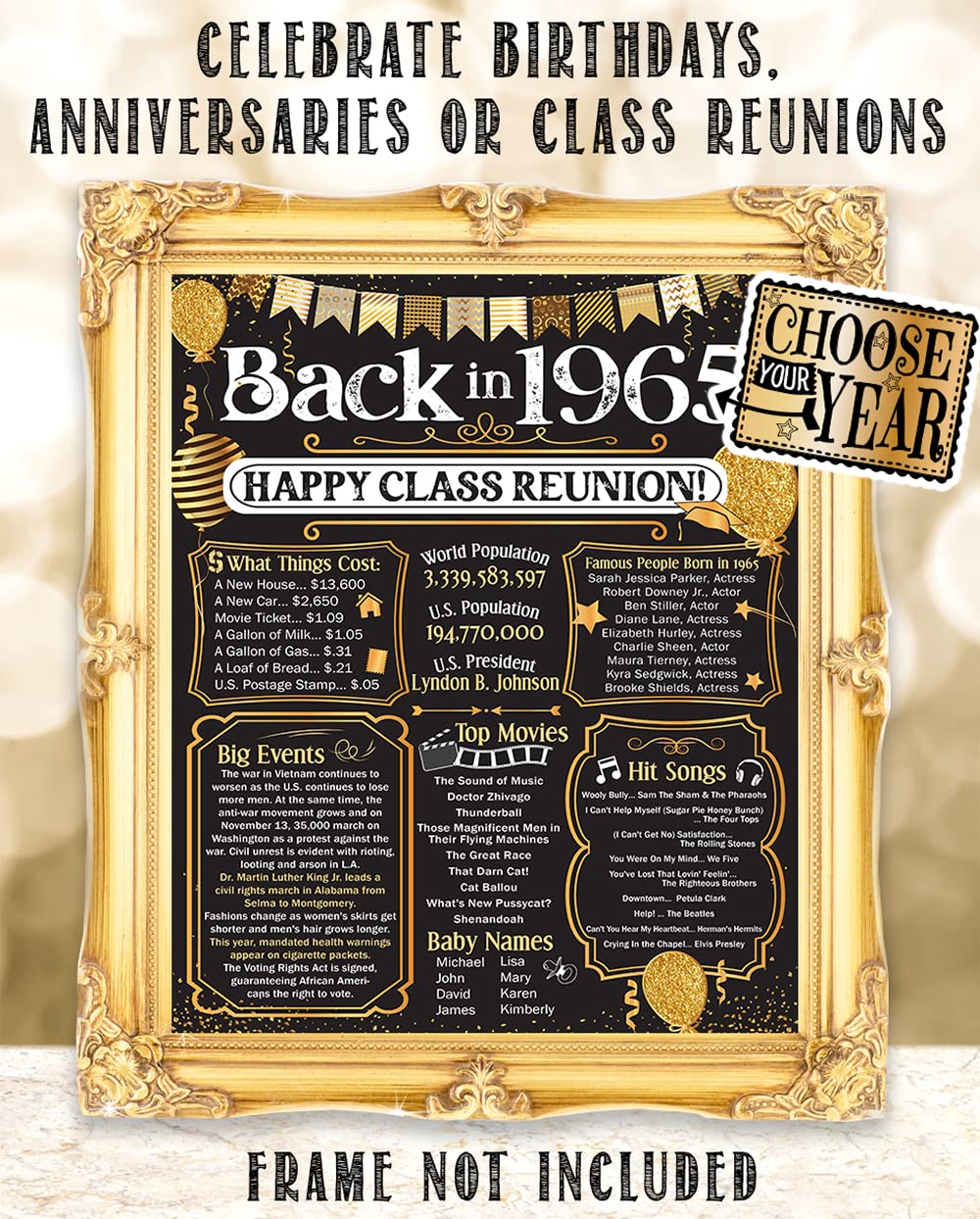 59th High School Reunion (Fifty-nine) Decoration in Gold - Remembering The Year - Class of 1965-11x14 Unframed Poster - Perfect Party Decor and Gift