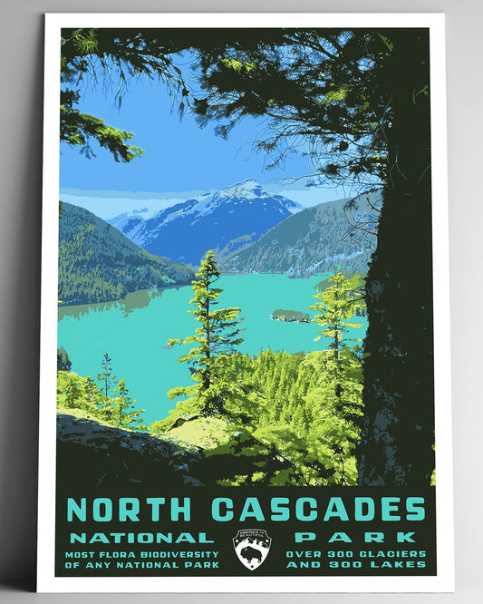 North Cascades National Park Vintage-Style Travel Poster - 8x10-12x18-18x24-24x36 / 4x6 Postcard WPA Style Washington Art Print Diablo Lake (4x6 Inch Postcard)