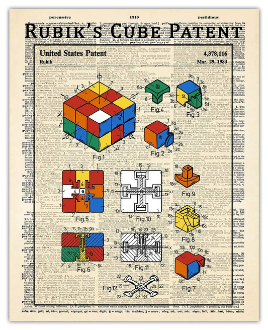 Vintage Rubik's Cube Patent Print: 8x10 Unframed Aesthetic Wall Posters & Unique Art Prints Picture for Bathroom, Home, Man Cave, Dorm, Office & Bar Wall Decor Poster - Creative Housewarming Gift Idea