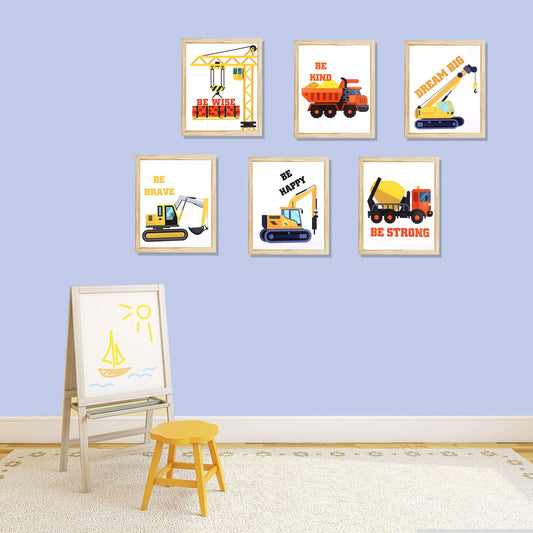 OOTSR 6 PCS Construction Trucks Wall Art Print, Inspirational Quote Canvas Print for Boys Game Room Decor, Playroom, Rec Room Poster, Vehicle Prints,(Unframed, 20 X 25CM)