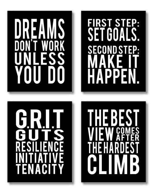 Brooke & Vine Motivational Quotes Wall Decor Posters Inspirational Wall Art Prints (UNFRAMED 8 x 10) Classroom Decorations - Office, Bedroom, Dorm, Cubicle, Gym (Goals, Grit - Black Background)