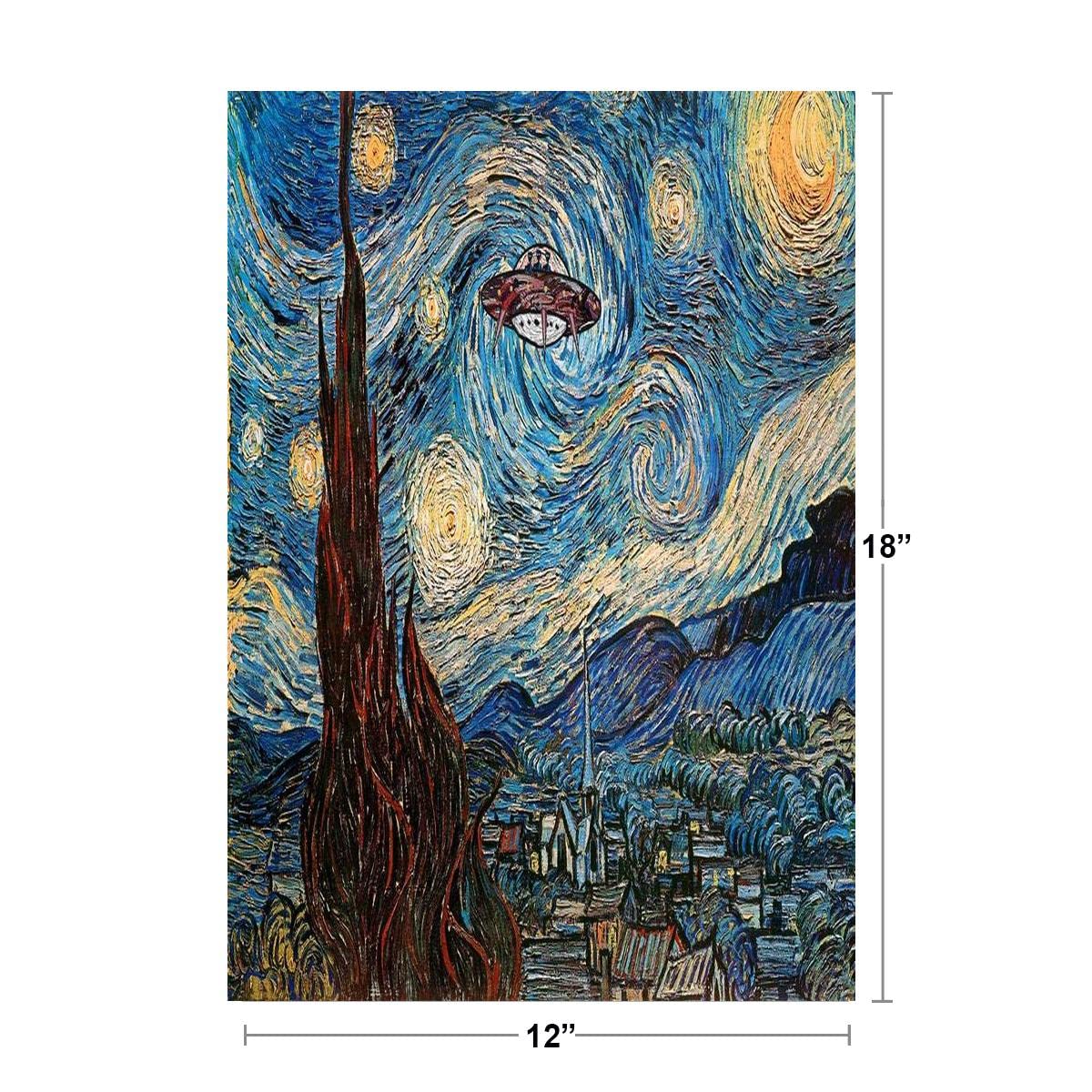 UFO Sighting On A Starry Night Vincent Van Gogh Humor Art Van Gogh Wall Art Nature Town Wall Decor Landscape Night Sky Poster Starry Night Decor Fine Art Cool Wall Decor Art Print Poster 12x18