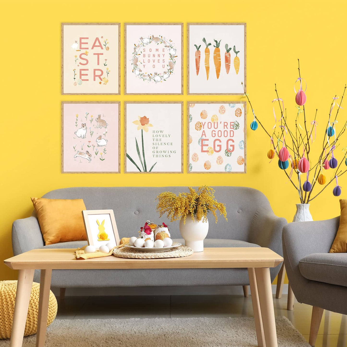 AnyDesign 9Pcs Easter Wall Art Prints Decorative Easter Egg Rabbit Bunny Floral Canvas Art Posters for Spring Holiday Home Gallery Living Room Bedroom Decor, 8 x 10 Inch, Unframed