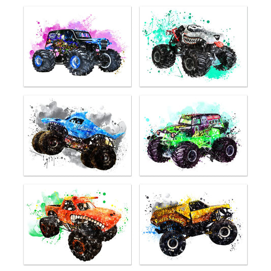 Monster Jam Trucks Posters Wall Art Prints Car Posters for Boys Room 8x10 Set of 6 (Unframed) Kids Watercolor Cartoon Monster Truck Bedroom Decor Color Racing Vehicle Picture Teens Toddler Baby