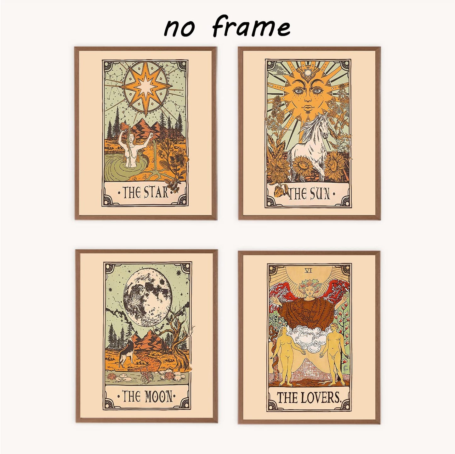 VNWEK Retro Tarot The Sun Moon Star And The Lovers Wall Art Poster Prints Unframed 8”x10”Set Of 4,Tarot Themed Decorations for Home Girls Room Dorm,Daughter Sister Astrology Tarot Lovers Gifts