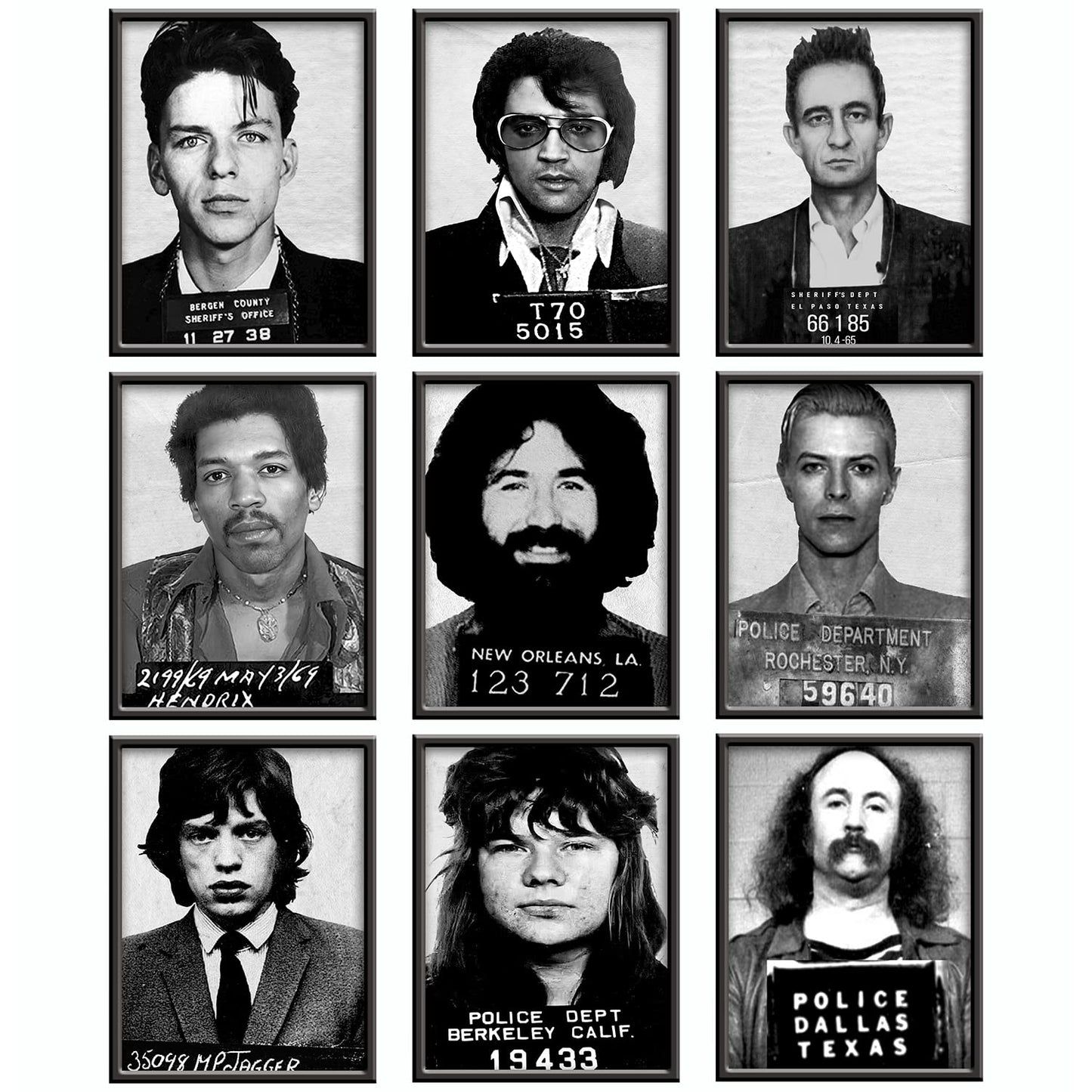 Musician Mugshot Poster - Bowie Elvis Johnny Cash Jerry Garcia Jimi Hendrix Mick Jagger Frank Sinatra David Crosby Janice Joplin - Vintage Rock Band Posters Wall Art - Set of 9 Unframed 8x10 Prints