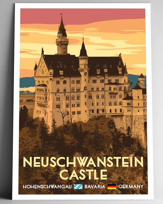 Neuschwanstein Castle Vintage-Style Travel Poster - 8x10-12x18-18x24-24x36 / 4x6 Postcard WPA Style Art Print Bavaria Germany (8x10 Inch Poster)