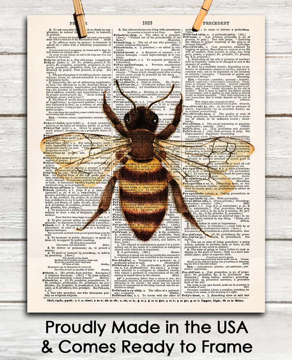 Vintage Bee Dictionary Wall Art Print - 8x10 Unframed Poster Print for Home, Office, Living Room and Bedroom - Creative Gift Idea for Bee and Farm Lovers