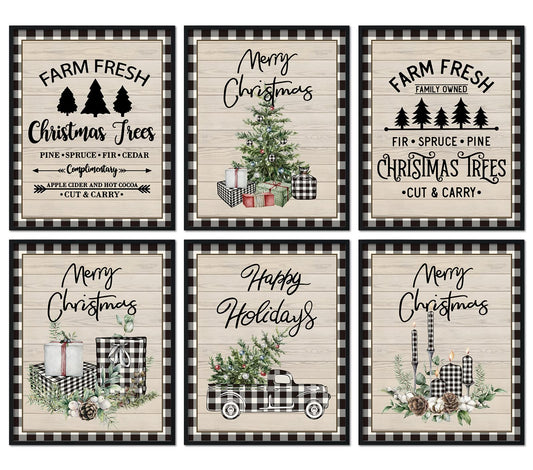 AnyDesign 6Pcs Christmas Wall Art Prints 8x10in Black White Buffalo Plaid Art Poster Decor Farmhouse Xmas Tree Truck Candle Posters Room Decor for Gallery Living Room Bathroom Wall Decor(UNFRAMED)