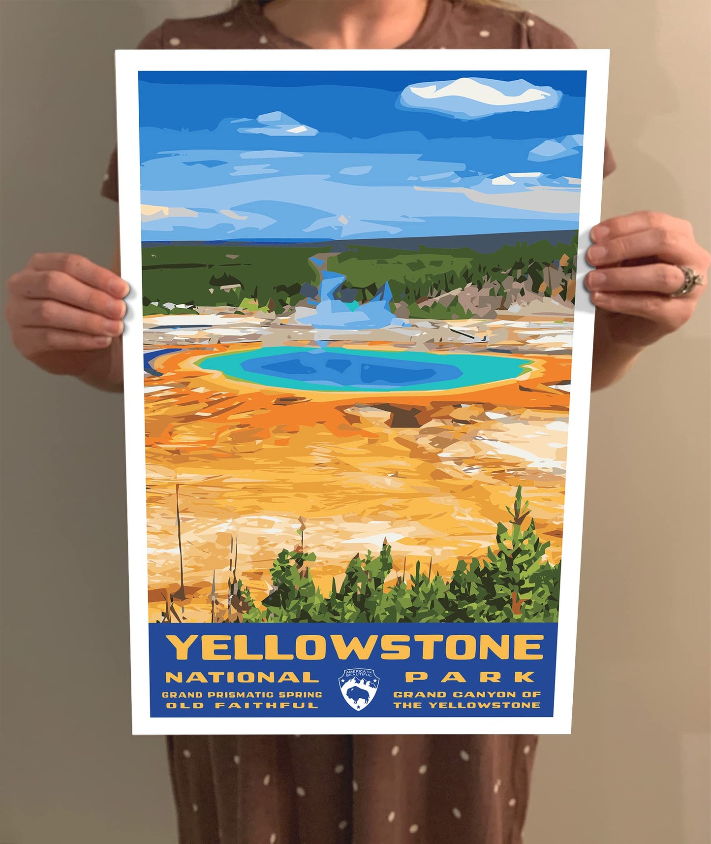 Yellowstone National Park Vintage-Style Travel Poster - 8x10-12x18-18x24-24x36 / 4x6 Postcard WPA Style Art Print Wyoming Montana Idaho USA Bison Grand Prismatic Spring (4x6 Inch Postcard)