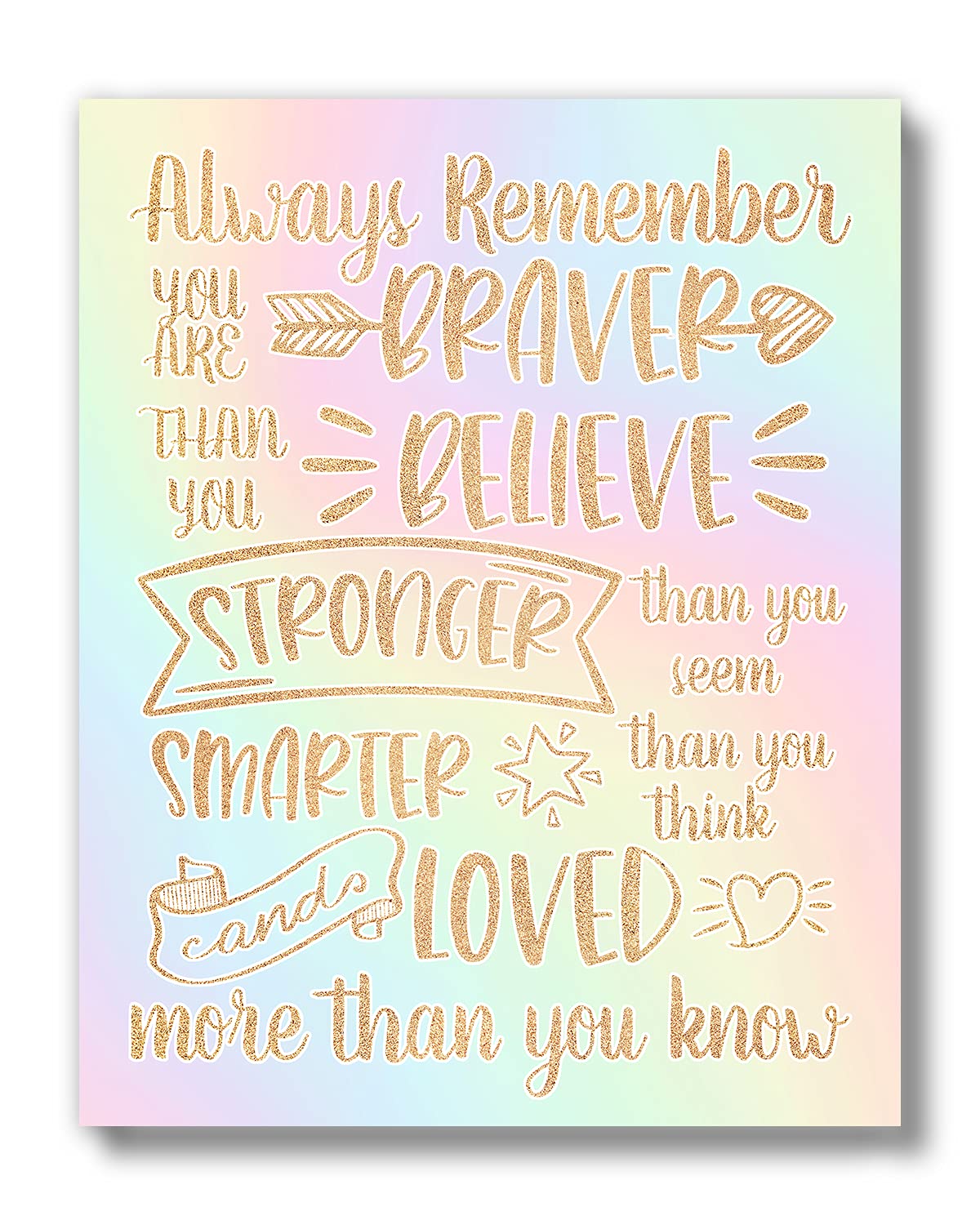 Brooke & Vine Girl Room Wall Decor Art Prints - (UNFRAMED 8 x 10) Inspirational Wall Art, Motivational Quotes Posters for Kids, Tween Bedroom, (Braver Than You Believe - Gold and Rainbow)