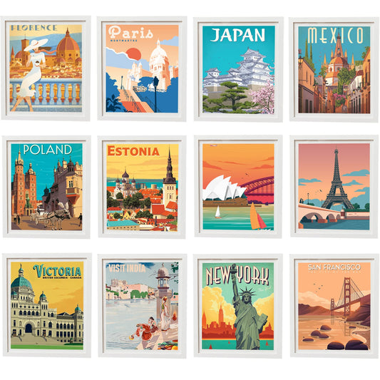 VIVIMAGIS Vintage Wall Decor Aesthetic Retro Style Travel City Posters for Room Decor Wall Art Print-Set of 12 World Travel Paintings Decorations Dorm Room 8" x 10" (UNFRAMED)