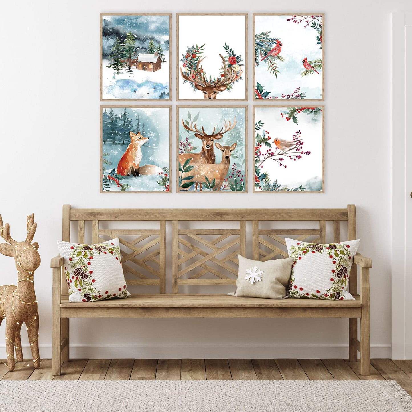 AnyDesign 9Pcs Christmas Wall Art Prints Watercolor Woodland Posters Decorative Natural Xmas Tree Reindeer Forest Art Posters for Home Gallery Living Room Bedroom Decor, 8 x 10 Inch, Unframed