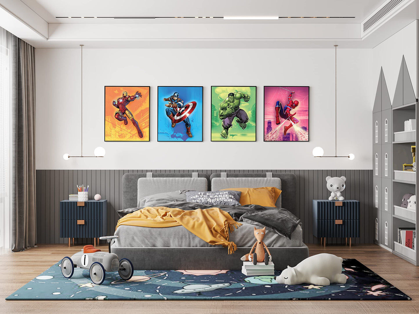 Superhero Wall Decor Poster Prints - Set of 4 (8 inch x 10 inch) - Superhero Room Decor for Boys - Avengers Wall Art - Room Decor For Kids - Nursery, Bathroom, Playroom Decor (UNFRAMED)