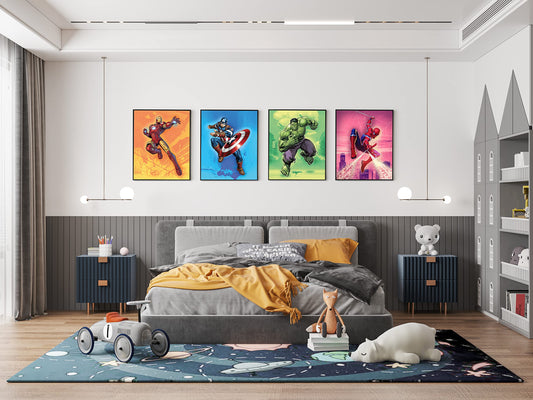 Superhero Wall Decor Poster Prints - Set of 4 (8 inch x 10 inch) - Superhero Room Decor for Boys - Avengers Wall Art - Room Decor For Kids - Nursery, Bathroom, Playroom Decor (UNFRAMED)